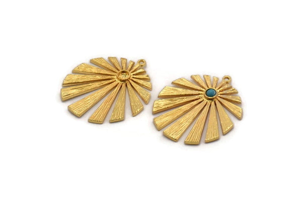 Gold Sun Charm, Gold Plated Brass Rising Sun Flag Charm With 1 Loop - Pad Size 3mm (32x28x1.2mm) N1427
