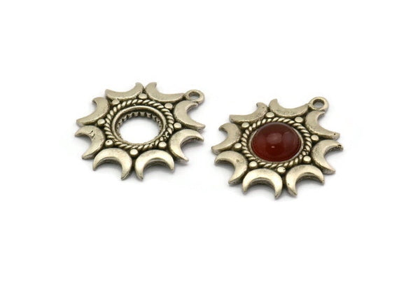 Silver Moon Charm, Antique Silver Plated Brass Moon Pendants With 1 Loop, Stone Setting - Pad Size 10mm (32x28mm) N1291