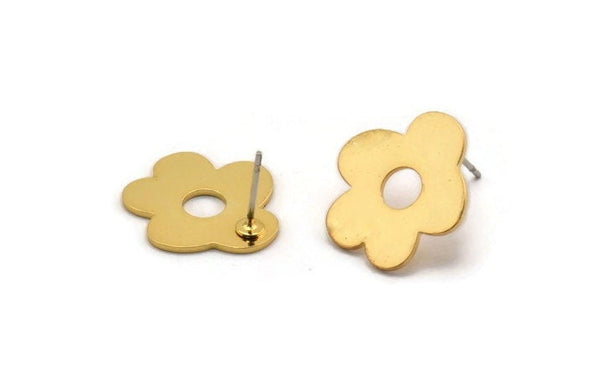 Gold Flower Earring, 4 Gold Plated Brass Flower Shaped Stud Earrings (18x16x0.80mm) A2676 Q0478