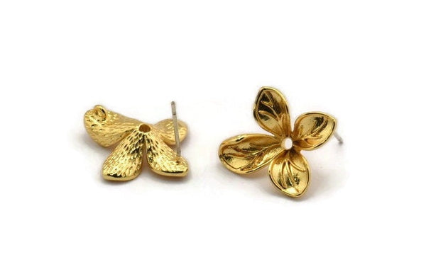 Gold Flower Earring, 2 Gold Plated Brass Flower Stud Earrings With 1 Loop (21x19mm) N1927