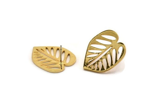 Gold Leaf Earring, 2 Gold Plated Brass Leaf Stud Earrings, Findings (24x19x1mm) A3695 Q0423
