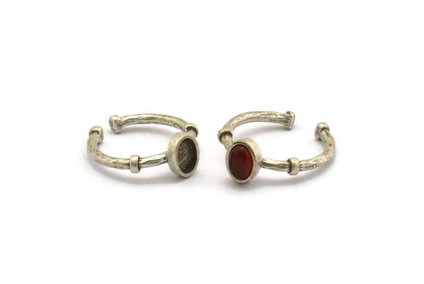 Silver Ring Settings, 2 Antique Silver Plated Brass Oval Ring With 1 Stone Setting - Pad Size 5x7mm N1557