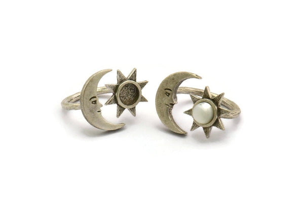 Silver Ring Settings, Antique Silver Plated Brass Moon And Sun Ring With 1 Stone Setting - Pad Size 6mm N1498 H0918