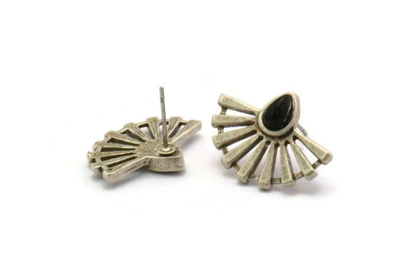 Silver Sun Earring, 2 Antique Silver Plated Brass Drop Stud Earrings - Pad Size 6x4mm (22x16mm) N1116