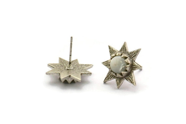 Silver Flower Earring, 2 Antique Silver Plated Brass Flower Stud Earrings - Pad Size 6mm (16mm) N1446