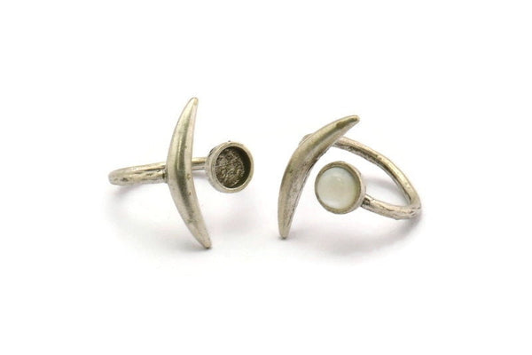 Silver Moon Ring, 2 Antique Silver Plated Brass Moon Rings With 1 Stone Setting - Pad Size 6mm N1283