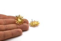 Gold Sun Earring, 2 Gold Plated Brass Sunshine Stud Earrings with 6mm Stone pad (23mm) N0859