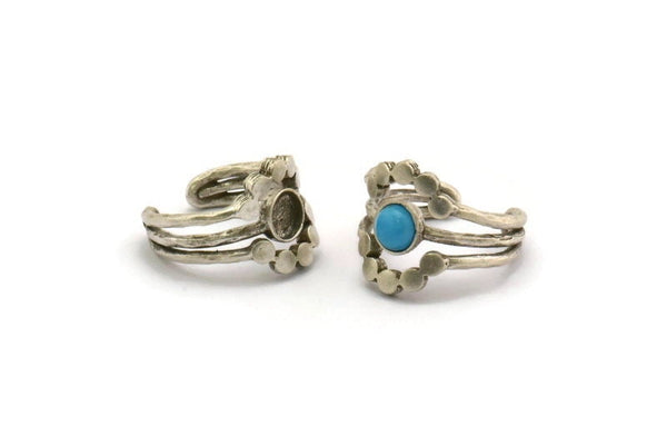 Silver Ring Setting, Antique Silver Plated Brass Adjustable Ring With 1 Stone Settings - Pad Size 6mm N1265