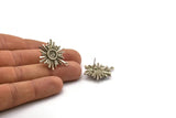Silver Sun Earring, 2 Antique Silver Plated Brass Sunshine Stud Earrings with 6mm Stone pad, with 1 Loop (29x22mm) N0857