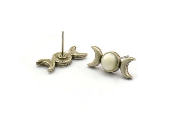 Silver Moon Earring, 2 Antique Silver Plated Brass Crescent Moon Stud Earrings - Pad Size 6mm (19x8mm) N1269 H0983