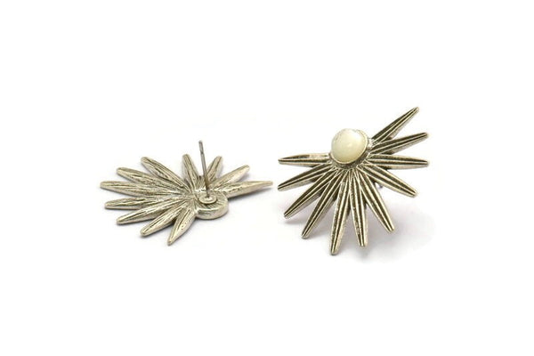 Silver Sun Earring, 2 Antique Silver Plated Brass Sunshine Stud Earrings - Pad Size 6mm N0707