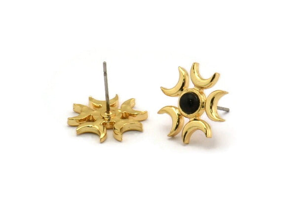 Gold Moon Earring, 2 Gold Plated Brass Crescent Moon Stud Earrings - Pad Size 4mm (15mm) N1325