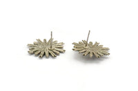 Silver Sun Earring, 2 Antique Silver Plated Brass Sunshine Stud Earrings with 6mm Stone pad (23mm) N0859