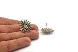 Silver Sun Earring, 2 Antique Silver Plated Brass Sunshine Stud Earrings with 6mm Stone pad (23mm) N0859