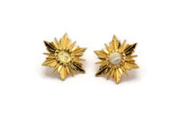 Gold Sun Earring, 2 Gold Plated Brass Sunshine Stud Earrings With 6mm Stone Pad (24x21mm) N0858