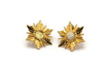 Gold Sun Earring, 2 Gold Plated Brass Sunshine Stud Earrings With 6mm Stone Pad (24x21mm) N0858