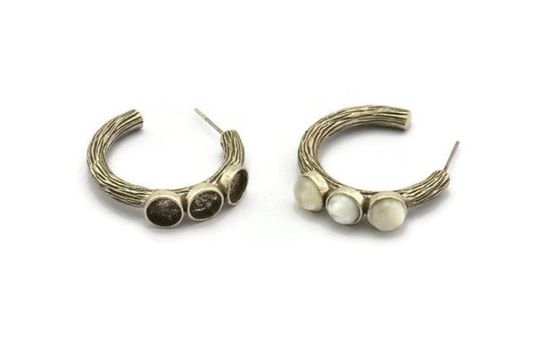 Silver Geometric Earring, 2 Antique Silver Plated Brass Textured Geometric Earrings - Pad Size 6mm (29x4mm) N0959