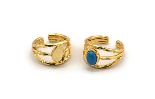 Gold Ring Setting, Gold Plated Brass Adjustable Ring With 1 Stone Settings - Pad Size 8x6mm N1264