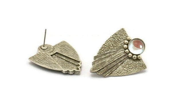 Silver Badge Earring, 2 Antique Silver Plated Brass Rosette Stud Earrings - Pad Size 8mm N0712