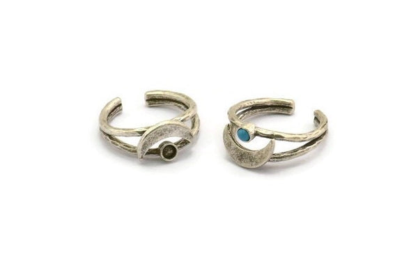 Silver Ring Setting, Antique Silver Plated Brass Moon And Planet Ring With 1 Stone Settings - Pad Size 3mm N1272