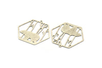 Silver Hexagon Charm, 2 Antique Silver Plated Brass Bear Patterned Hexagon Shaped Charms With 1 Loop, Geometric Charms (37x39x0.60mm) A5012