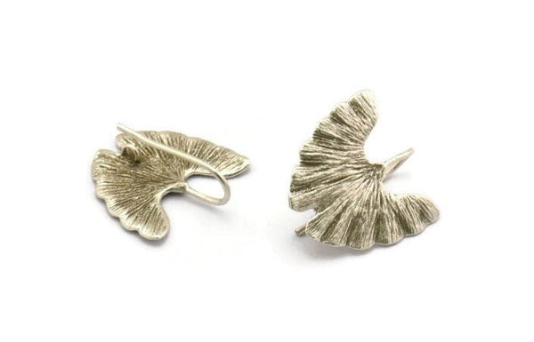 Silver Leaf Earring, 2 Antique Silver Plated Brass Ginkgo Biloba Leaf Stud Earrings With 1 Loop (22x20mm) N1929