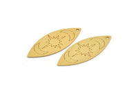 Gold Marquise Charm, 2 Gold Plated Brass Pole Star And Crescent Moon Pattarned Marquise Shaped Charms With 1 Hole (39x15x0.80mm) A5547