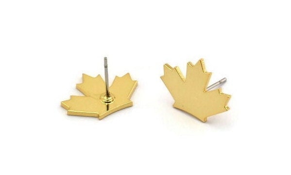 Gold Leaf Earring, 4 Gold Plated Brass Leaf Stud Earrings, Findings (13x17x1mm) A3723