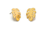 Gold Leaf Earring, 4 Gold Plated Brass Monstera Leaves Shaped Stud Earrings (18x15x0.80mm) A2766 H0159
