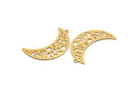 Gold Moon Charm, 4 Gold Plated Brass Patterned Crescent Moon Shaped Charms With 1 Loop (34x11x0.60mm) A5033 H0912