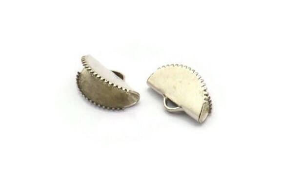 Half Moon Crimp, 10 Antique Silver Plated Brass Ribbon Crimp End With 1 Loop, Findings (15x10mm) E042