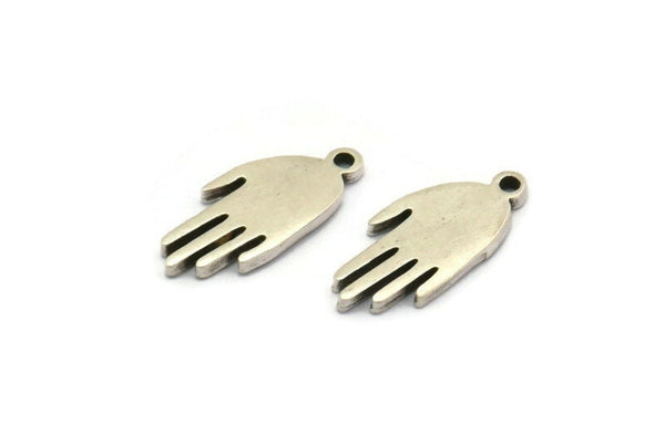 Silver Hand Charm, 6 Antique Silver Plated Brass Hand Shaped Charms With 1 Loop, Pendants, Earring Findings (15x7x1.2mm) N1900