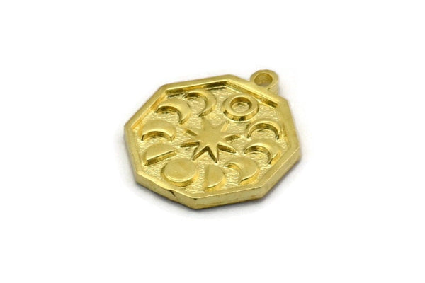Brass Octagon Charm, 4 Raw Brass Octagon Charms With 1 Loop, Moon Findings, Moon Phases Findings, Star Findings (19x16x1.4mm) N2329