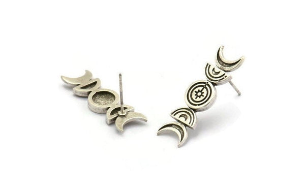Silver Moon Earring, 4 Antique Silver Plated Brass Crescent Moon Phases Stud Earrings (29x8x2mm) N1926