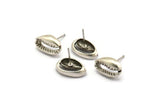 Silver Shell Earring, 4 Antique Silver Plated Brass Cowrie Shell Stud Earrings (14x9mm) N1959