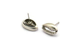 Silver Shell Earring, 4 Antique Silver Plated Brass Cowrie Shell Stud Earrings (14x9mm) N1959