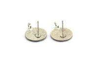 Silver Round Earring, 4 Antique Silver Plated Brass Round Shaped Stud Earrings With 1 Loop (16x13x1.5mm) N1910
