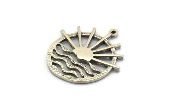 Silver Sunset Charm, 2 Antique Silver Plated Brass Sun And Sea Charms With 1 Loop, Sunrise Charms, Charms, Earring Findings (25x24mm) N1937
