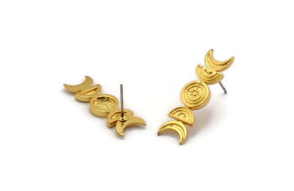 Gold Moon Earring, 4 Gold Plated Brass Crescent Moon Phases Stud Earrings (29x8x2mm) N1926