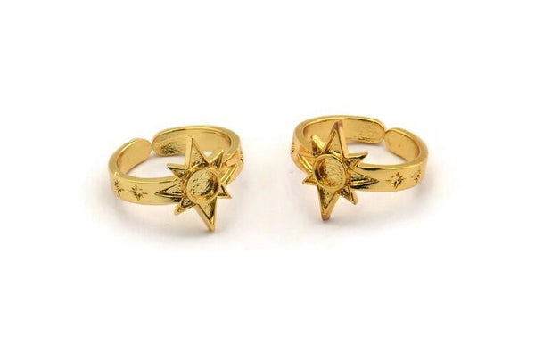 Gold Star Ring, Gold Plated Brass Ethnic Star Ring With 1 Stone Setting - Pad Size 4mm N1960 H1468