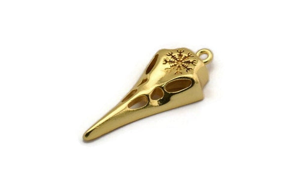Gold Bird Skull, Gold Plated Brass Snowflake Patterned Bird Skull Charm With 1 Loop, Pendant, Earring Finding (36x15x6mm) N1962