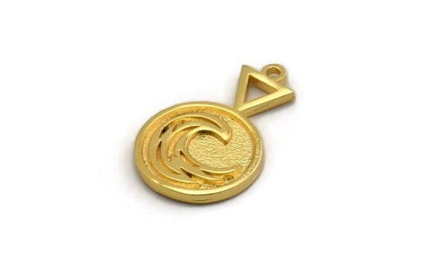 Gold Element Charm, 2 Gold Plated Brass Water Element Symbol Charms With 1 Loop (24x15x1.8mm) N1978