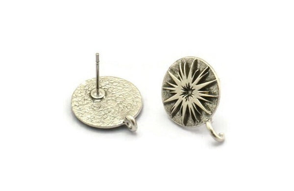 Silver Round Earring, 2 Antique Silver Plated Brass Sun Shaped Round Stud Earrings With 1 Loop (17x14x1.5mm) N1913