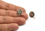 Silver Round Earring, 2 Antique Silver Plated Brass Sun Shaped Round Stud Earrings With 1 Loop (17x14x1.5mm) N1913