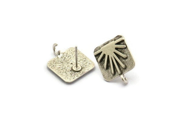 Silver Square Earring, 2 Antique Silver Plated Brass Square Sun Shaped Earring With 1 Loop (17x13mm) N1912