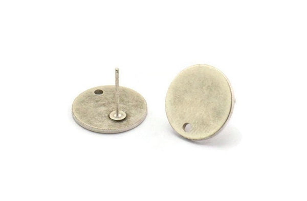 Silver Round Earring, 4 Antique Silver Plated Brass Round Shaped Stud Earrings With 1 Hole (14x1mm) A2114 A6442