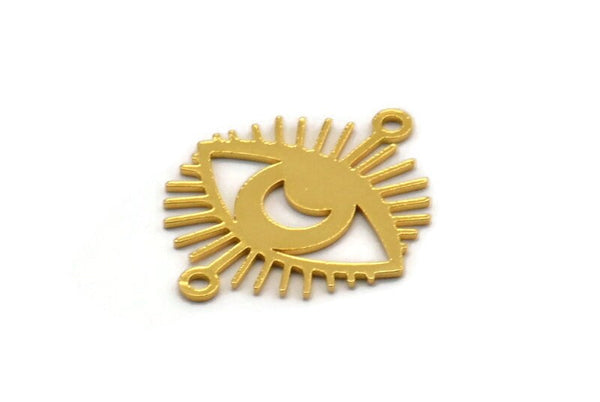 Gold Eye Charm, 8 Gold Plated Brass Crescent Moon Patterned Eye Shaped Charms With 2 Loops, Connectors (22x18x0.60mm) A3486