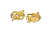 Gold Eye Charm, 8 Gold Plated Brass Crescent Moon Patterned Eye Shaped Charms With 2 Loops, Connectors (22x18x0.60mm) A3486
