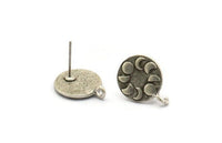 Silver Round Earring, 2 Antique Silver Plated Brass Moon Phases Shaped Round Stud Earrings With 1 Loop (17x13x1.5mm) N1908