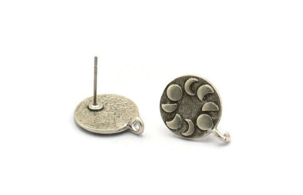 Silver Round Earring, 2 Antique Silver Plated Brass Moon Phases Shaped Round Stud Earrings With 1 Loop (17x13x1.5mm) N1908